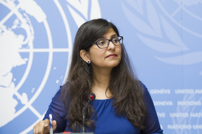 Ravina Shamdasani, OHCHR briefs the press on LGBT decision in India, Palais des Nations. 7 September 2018. Photo by Violaine Martin