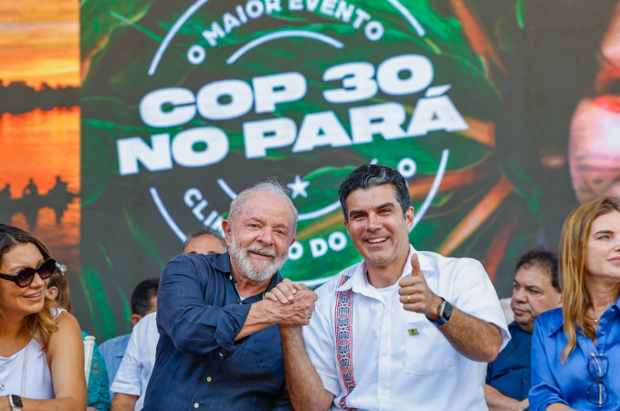 Janja, Lula e Helder Barbalho durante cerimônia de anúncio da realização da COP 30 no município de Belém