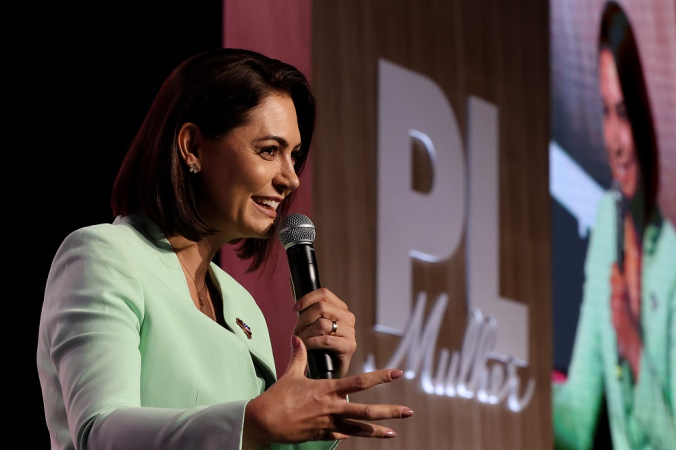A Presidente Nacional do PL Mulher, Michelle Bolsonaro, durante o encerramento do Encontro Nacional de Mandatárias do Partido Liberal realizado no CICB