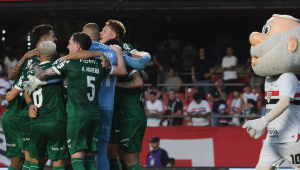 Jogadores do Palmeiras comemoram vitória por 3 a 2 sobre o São Paulo ao final da partida válida pela 27ª rodada do Campeonato Brasileiro