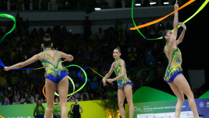 Equipe feminina do Brasil, na modalidade de fitas, no Campeonato Mundial de Ginastica Rítmica, disputada na Arena Carioca 1, na Barra da Tijuca