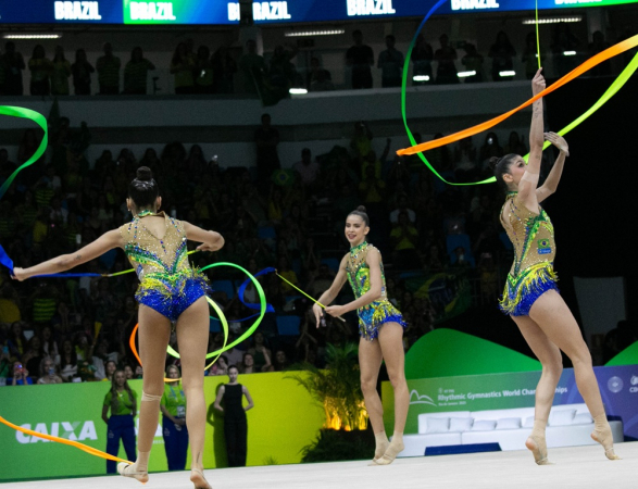 Equipe feminina do Brasil, na modalidade de fitas, no Campeonato Mundial de Ginastica Rítmica, disputada na Arena Carioca 1, na Barra da Tijuca