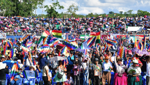 Seguidores e delegações da Runasur assistiram a um evento em apoio ao ex-presidente da Bolívia Evo Morales neste domingo, em Ivirgarzama (Bolívia). Morales disse que a Bolívia votará nulo nas eleições de 17 de agosto se ele não for candidato. EFE/Jorge Abrego