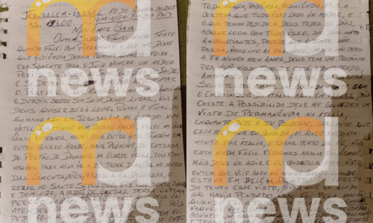 Em uma carta inédita escrita no Dia dos Pais (10 de agosto), o marido descreveu sua peregrinação por locais sagrados, como o Muro das Lamentações e a Igreja da Natividade, e revelou ter conseguido apoio de contatos próximos à embaixada da Itália.