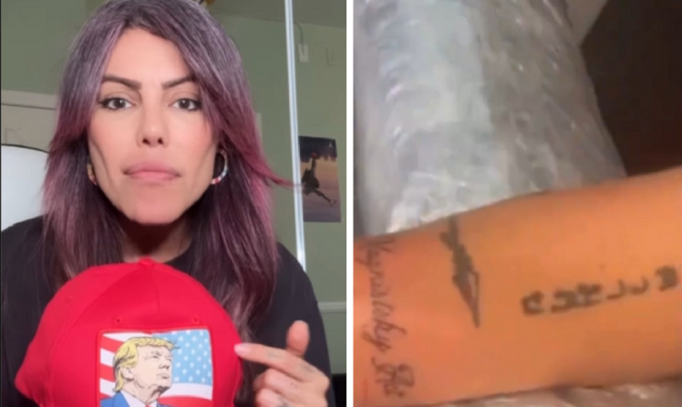 Liziane Gutierrez exibe boné de Donald Trump durante desabafo sobre ter tatuado "Magnitsky Act" no braço (à direita)
