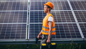 Trabalhador no campo junto aos painéis solares