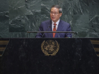 Premiê chinês, Li Qiang, discursa durante a Assembleia Geral das Nações Unidas na sede da ONU, em Nova York