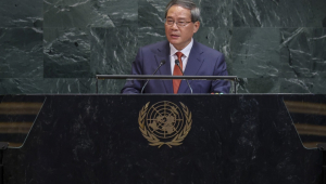 Premiê chinês, Li Qiang, discursa durante a Assembleia Geral das Nações Unidas na sede da ONU, em Nova York