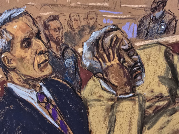 Ilustração feita pela artista Jane Rosenberg mostra o rapper Sean “Diddy” Combs (à dir.) ao lado de seu advogado Brian Steel, enquanto assiste à reprodução de um vídeo de seus filhos ainda bebês, durante o julgamento realizado nesta sexta-feira em um tribunal de Nova York