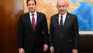 Marco Rubio e Benjamin Netanyahu durante encontro no gabinete do Primeiro-Ministro israelense em Jerusalém