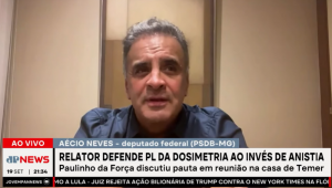 O senador Aécio Neves dá entrevista ao Jornal Jovem Pan sobre o PL da Anistia