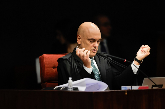O ministro Alexandre de Moraes, do Supremo Tribunal Federal (STF), durante a primeira sessão de julgamento da ação penal contra o ex-presidente Jair Bolsonaro (PL) e outros sete réus pela tentativa de golpe de Estado