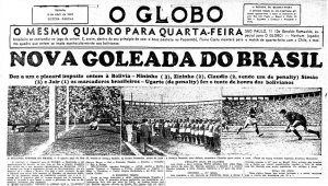 Página do caderno de esportes do Globo destaca goleada da seleção brasileira sobre a Bolívia no Sul-Americano de 1949