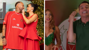 À esquerda, foto do casal Neymar e Bruna Biancardi; à direita, Virginia interage com Leo Dias em entrevista