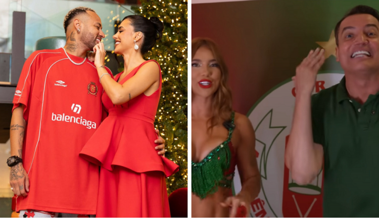 À esquerda, foto do casal Neymar e Bruna Biancardi; à direita, Virginia interage com Leo Dias em entrevista