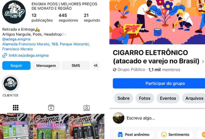 Páginas de venda de pods no Instagram (à esq.) e no Facebook