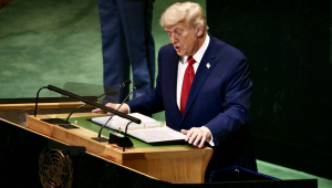 O presidente dos Estados Unidos, Donald Trump, discursa na 80ª sessão da Assembleia Geral das Nações Unidas, na sede da ONU (Organização das Nações Unidas), em Nova York