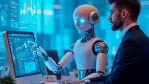 Homem e robô trabalhando juntos em um escritório de alta tecnologia