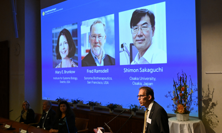 O Secretário-Geral do Comitê Nobel, Thomas Perlmann, discursa para jornalistas em frente a uma tela exibindo os retratos de (da esquerda para a direita) Mary E. Brunkow, Fred Ramsdell e Shimon Sakaguchi durante uma coletiva de imprensa onde os vencedores do Prêmio Nobel de Fisiologia ou Medicina de 2025 estão sendo anunciados no Instituto Karolinska em Estocolmo, Suécia, em 6 de outubro de 2025. Mary E. Brunkow e Fred Ramsdell, dos Estados Unidos, e Shimon Sakaguchi, do Japão, ganharam o Prêmio Nobel de Medicina na segunda-feira por pesquisas sobre como o sistema imunológico é mantido sob controle, disse o júri do Nobel. (Foto de Jonathan Nackstrand / AFP)