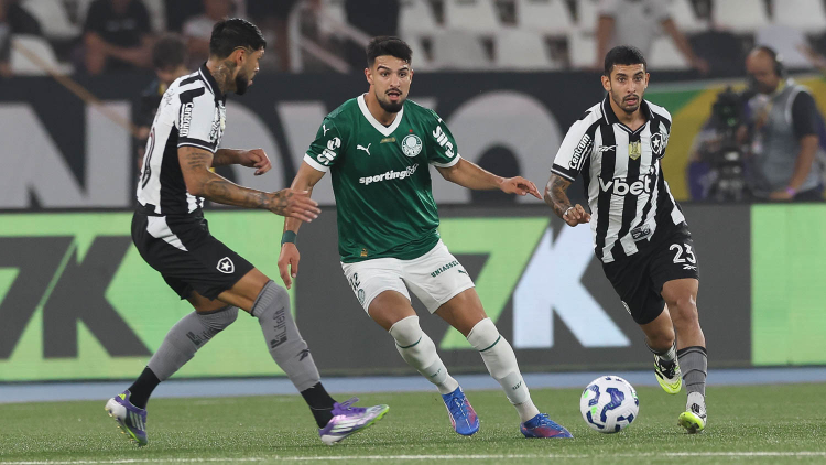 O jogador Flaco López, da SE Palmeiras, disputa bola com o jogador do Botafogo FR, durante partida válida pela vigésima rodada, do Campeonato Brasileiro, Série A