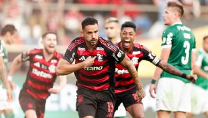 O zagueiro Danilo dispara efusivamente após marcar de cabeça o goll do Flamengo contra o Palmeiras