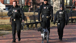 Agentes uniformizados do Serviço Secreto patrulham a Lafayette Square, em frente à Casa Branca, em Washington DC