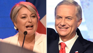 Candidata à presidência do Chile, Jeannette Jara, da coligação Unidad por Chile, e o também candidato à presidência do Chile, José Antonio Kast, do Partido Republicano