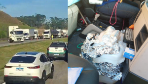 Caminhão com suspeita de bomba bloqueia totalmente o sentido litoral do Rodoanel, na altura do KM 44, em Itapecerica da Serra, na Grande São Paulo
