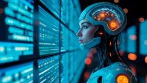 Ciborgue cyberpunk analisando dados na tela