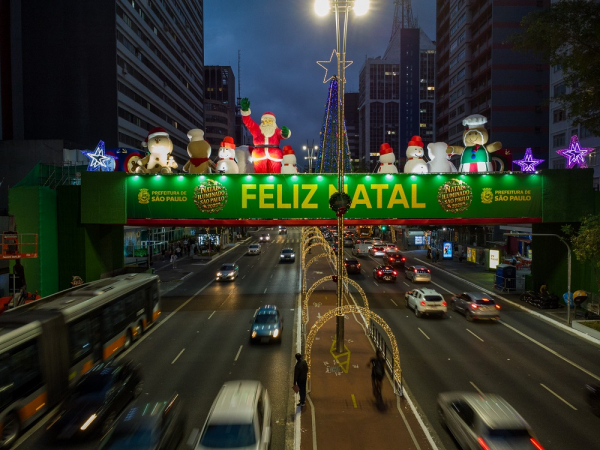 Vista da decoração de Natal instalada na avenida Paulista