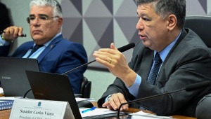 Os senadores Eduardo Girão (Novo-CE) e Carlos Viana (Podemos-MG) na CPMI do INSS