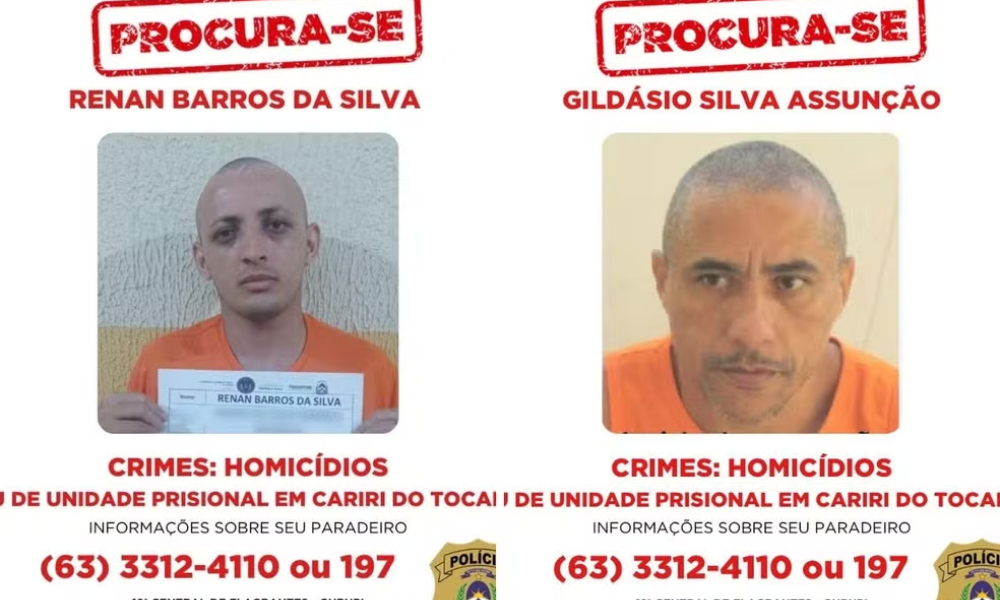 Foragidos, identificados como Renan Barros da Silva, de 26 anos, e Gildásio Silva Assunção, de 47 anos, são apontados como integrantes PCC e cumpriam pena em regime fechado