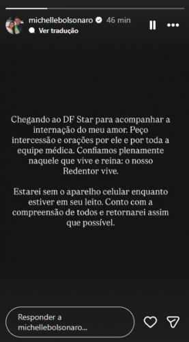 Michelle pede orações e avisa que ficará sem celular durante internação de Bolsonaro