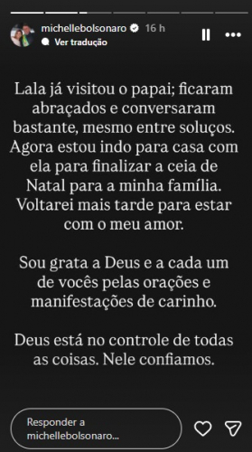 Michelle Bolsonaro relata visita de Laura ao pai no hospital e divulga mensagem de Natal