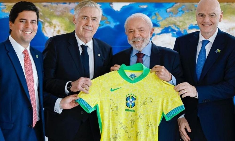 André Fufuca, Carlo Ancelotti, Lula e Gianni Infantino