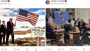 Publicação de Trump com a bandeira dos EUA fincada na Groenlândia e com o mapa dos Estados Unidos ampliado para incluir Canadá e Venezuela
