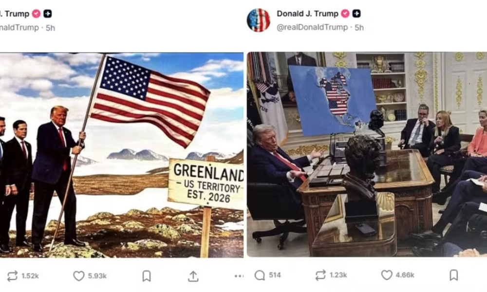 Publicação de Trump com a bandeira dos EUA fincada na Groenlândia e com o mapa dos Estados Unidos ampliado para incluir Canadá e Venezuela