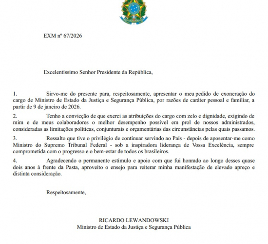 Carta de demiss&atilde;o do ministro da Justi&ccedil;a Ricardo Lewandowski enviada ao presidente Lula