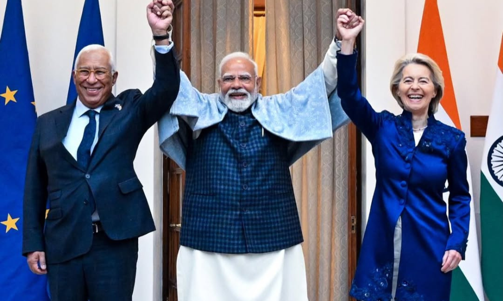 António Costa, presidente do Conselho Europeu; Ursula von der Leyene, a presidente da Comissão Europeia; e Narendra Modi, o primeiro-ministro da Índia