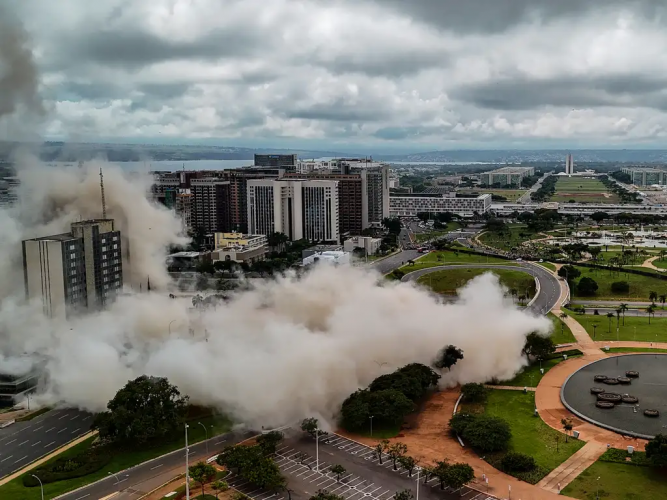 Fuma&ccedil;a no centro de Bras&iacute;lia ap&oacute;s Torre Palace Hotel ser implodido
