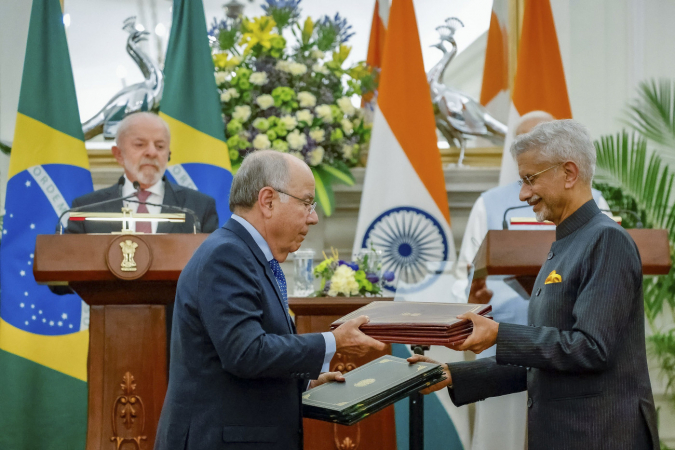 21.02.2026 - Cerimônia de troca de atos assinados 21.02.2026 - Presidente da República, Luiz Inácio Lula da Silva, durante cerimônia de troca de atos assinados com o Governo da Índia, na Sala Kailash da Casa Hyderabad. Nova Delhi — Índia Foto: Ricardo Stuckert / PR