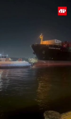 Navio atinge balsas no Porto de Santos e tripulantes pulam no mar