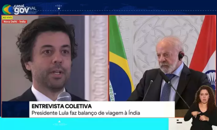 O momento tenso entre o enviado da Globo, Tiago Eltz, e o presidente Lula, em Nova Délhi, na Índia Foto: Reprodução/CanalGov