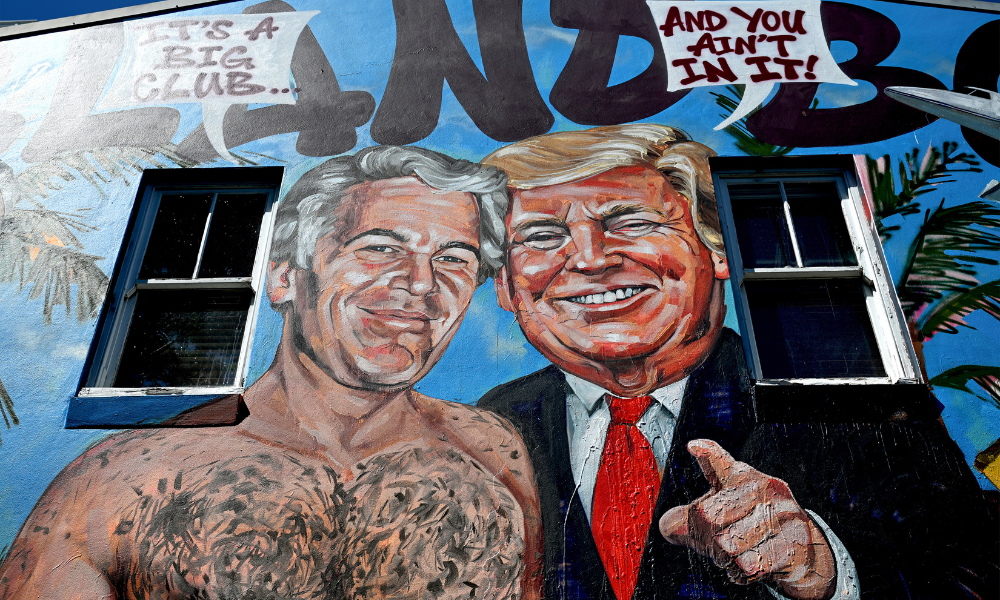 Um mural intitulado "Island Boys", do artista Scott Marsh, pode ser visto na parede de um prédio em Sydney, em 24 de fevereiro de 2026, retratando Jeffrey Epstein ao lado de diversas figuras de destaque mencionadas nos documentos de Epstein recentemente divulgados. (Foto de Saeed Khan / AFP) / USO RESTRITO A FINS EDITORIAIS - MENÇÃO OBRIGATÓRIA DO ARTISTA NA PUBLICAÇÃO - PARA ILUSTRAR O EVENTO CONFORME ESPECIFICADO NA LEGENDA