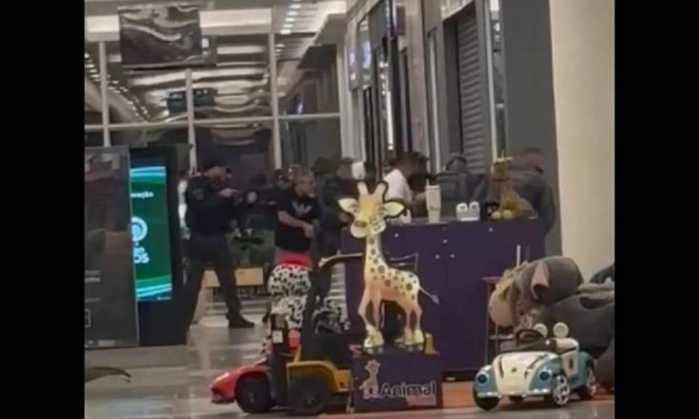 Grupo de pessoas em fila dentro de loja, com brinquedos expostos em prateleiras e no chão, incluindo um cavalo de balanço e carrinhos. Ambiente interno com iluminação artificial e estrutura metálica visível no teto. Policiais militares e seguranças cercam a entrada da loja Vivara, no shopping Golden Square, em São Bernardo do Campo - Reprodução de vídeo