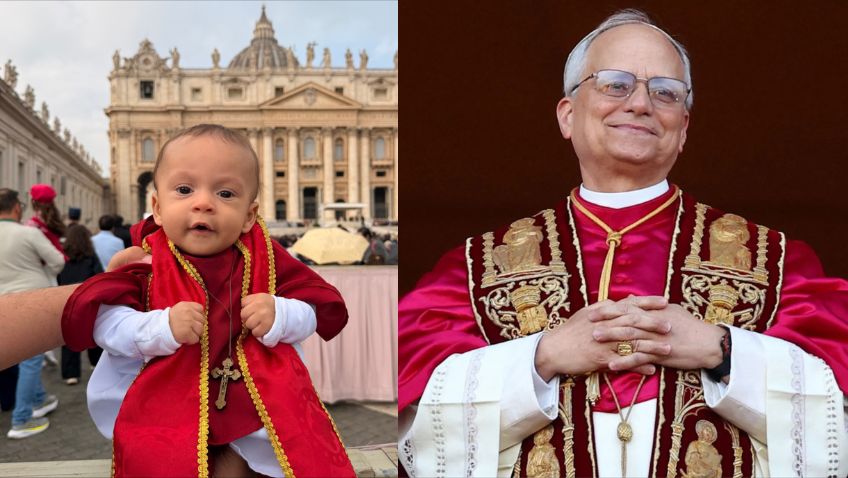 Bebê vestido de papa é abençoado por papa Leão XIV