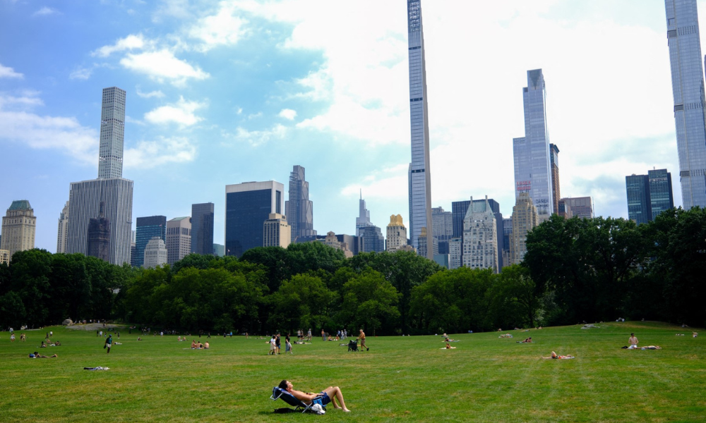 Pessoas tomam sol no Central Park, no bairro de Manhattan, em Nova York