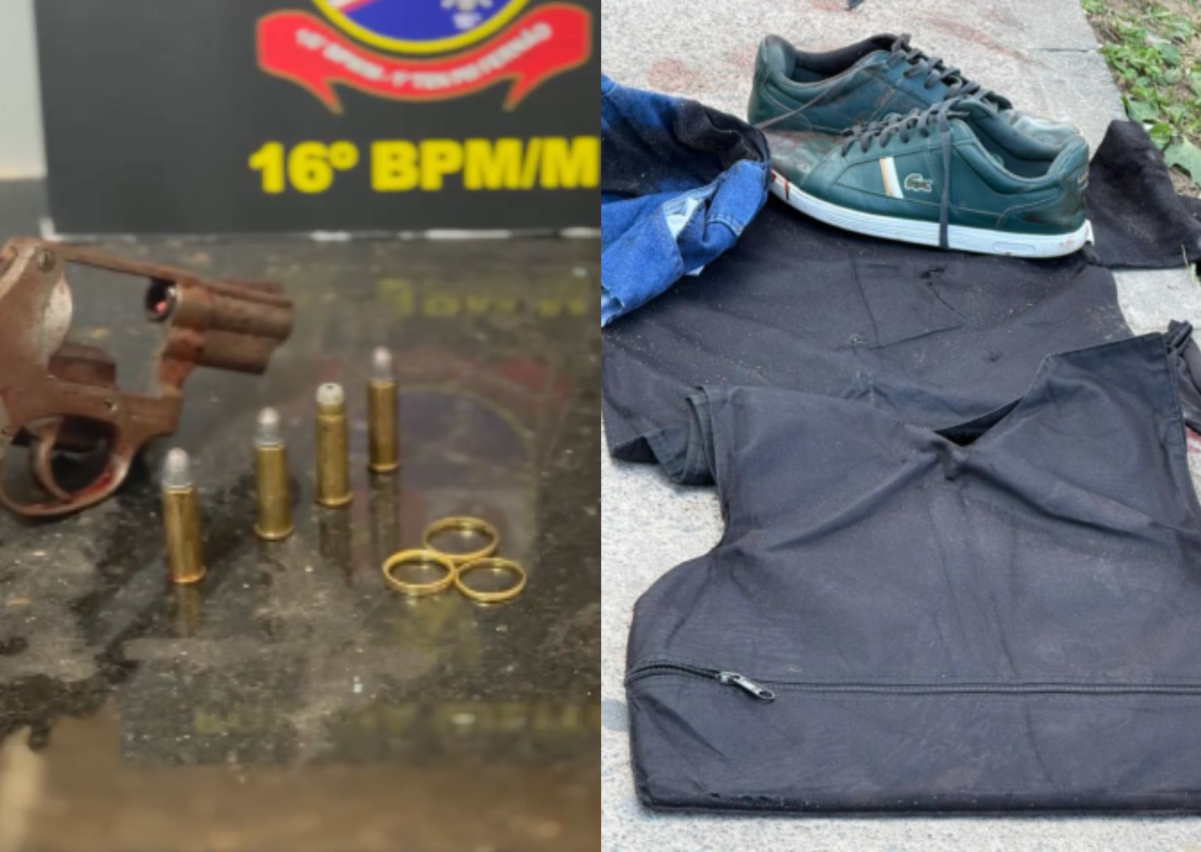 Revólver, munição, aliança encontrados com o suspeito e seus pertences