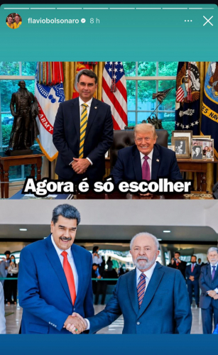 Nos stories do Instagram, o pr&eacute;-candidato &agrave; Presid&ecirc;ncia da Rep&uacute;blica publicou uma montagem sem rodeios: de um lado, ele posando ao lado de Trump no Sal&atilde;o Oval; do outro, o presidente Lula (PT) cumprimentando o ditador venezuelano Nicol&aacute;s Maduro. A legenda era curta e direta: &ldquo;Agora &eacute; s&oacute; escolher.&rdquo;