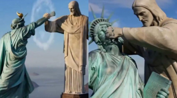 Imagens do vídeo de IA publicado pelo Irã de um embate entre o Cristo Redentor e a Estátua da Liberdade